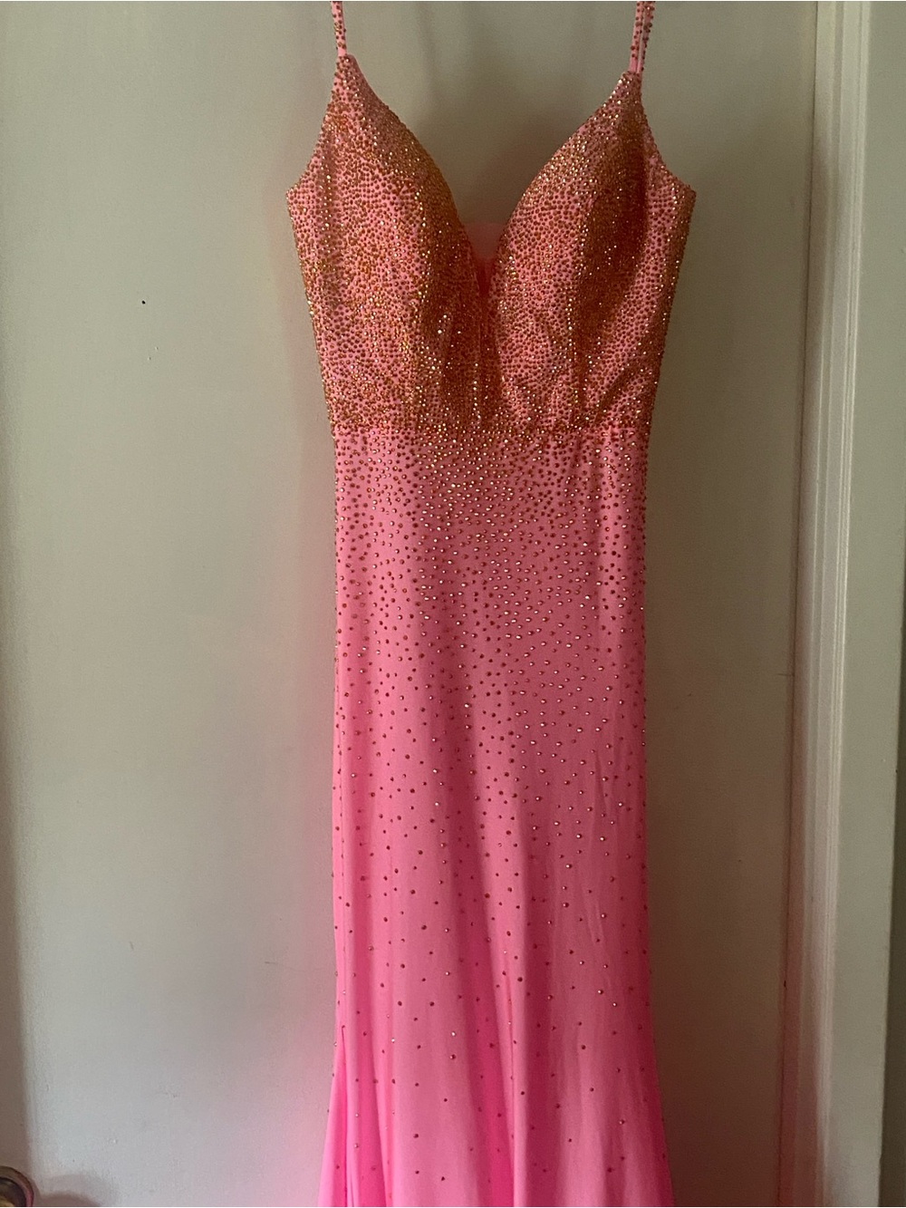 Pink Beaded Spaghetti-Strap Evening Gown